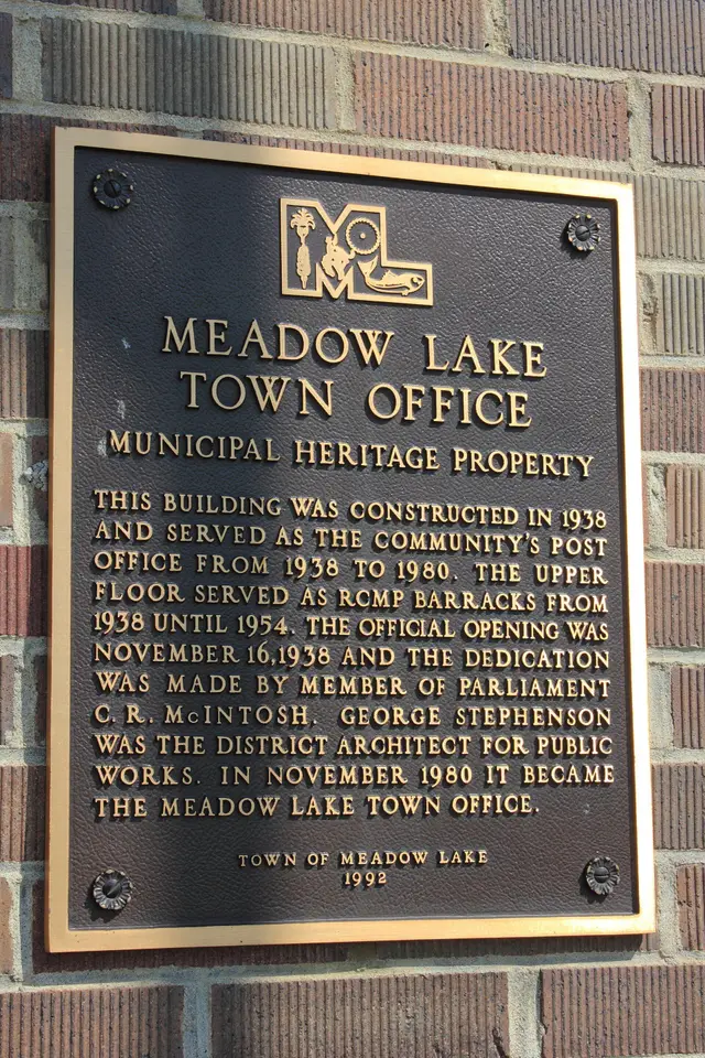 Meadow Lake Town Office heritage plaque
